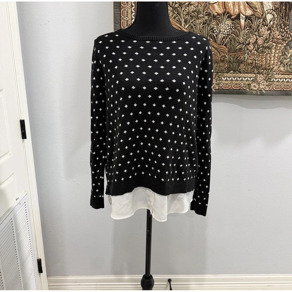 LOFT Petites Sweater Womens Large Petite Black White‎ Layered Hem Diamond Dot